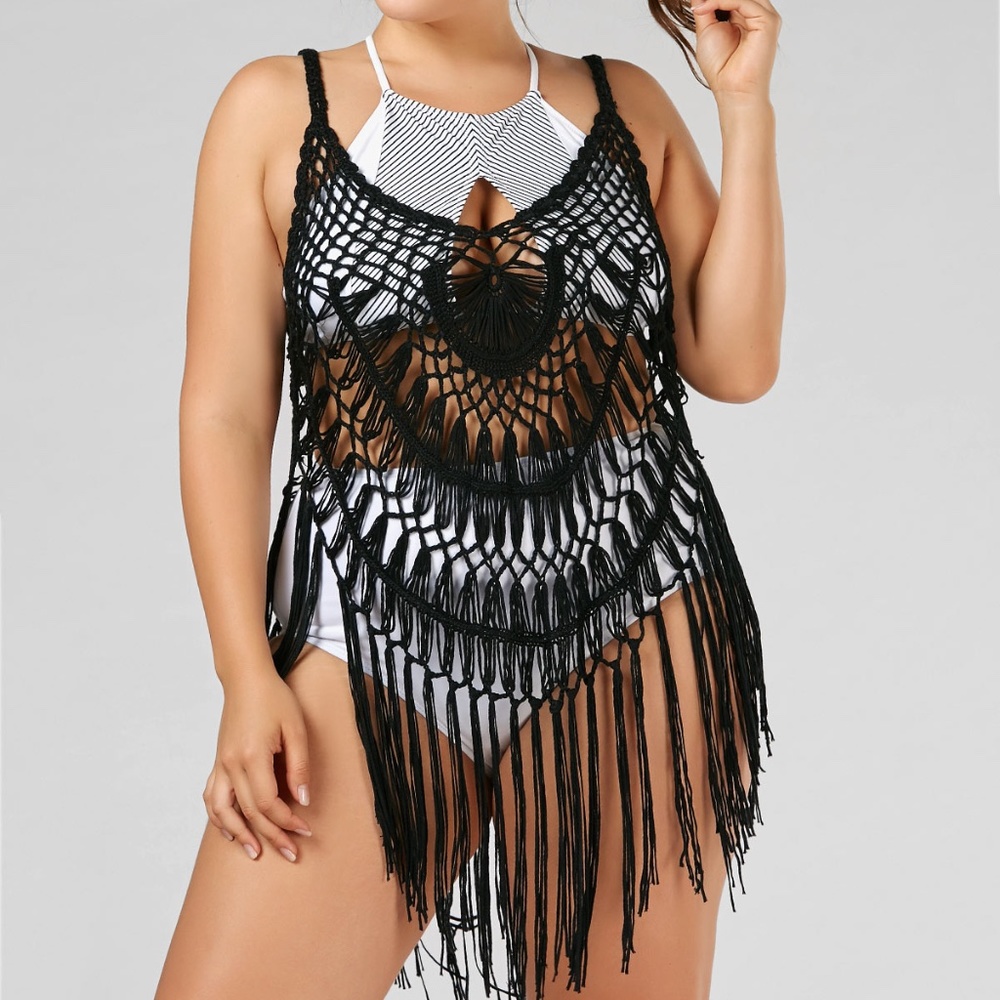 Black Tassel Crochet Cover-Up Brand New